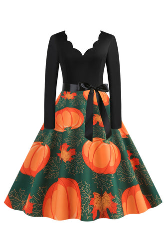 Gewelltes V-Ausschnitt Langarm Drucken Halloween Retro Kleid