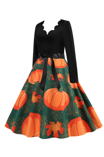 Gewelltes V-Ausschnitt Langarm Drucken Halloween Retro Kleid