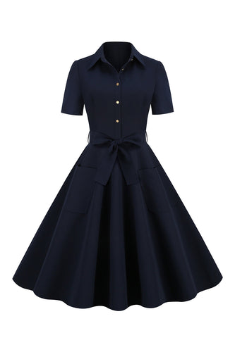 Marine Revers Ausschnitt Vintage 1950er Jahre Kleid