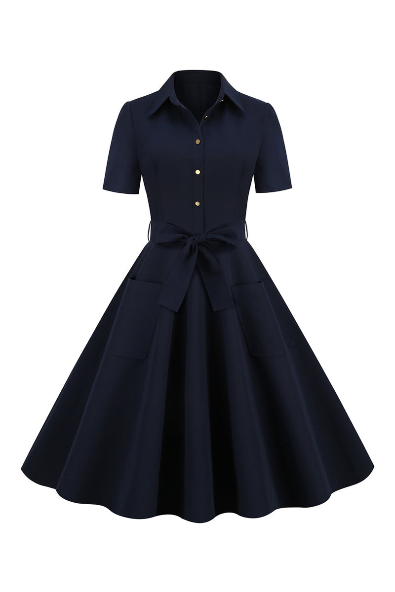 Laden Sie das Bild in den Galerie-Viewer, Marine Revers Ausschnitt Vintage 1950er Jahre Kleid