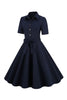 Laden Sie das Bild in den Galerie-Viewer, Marine Revers Ausschnitt Vintage 1950er Jahre Kleid