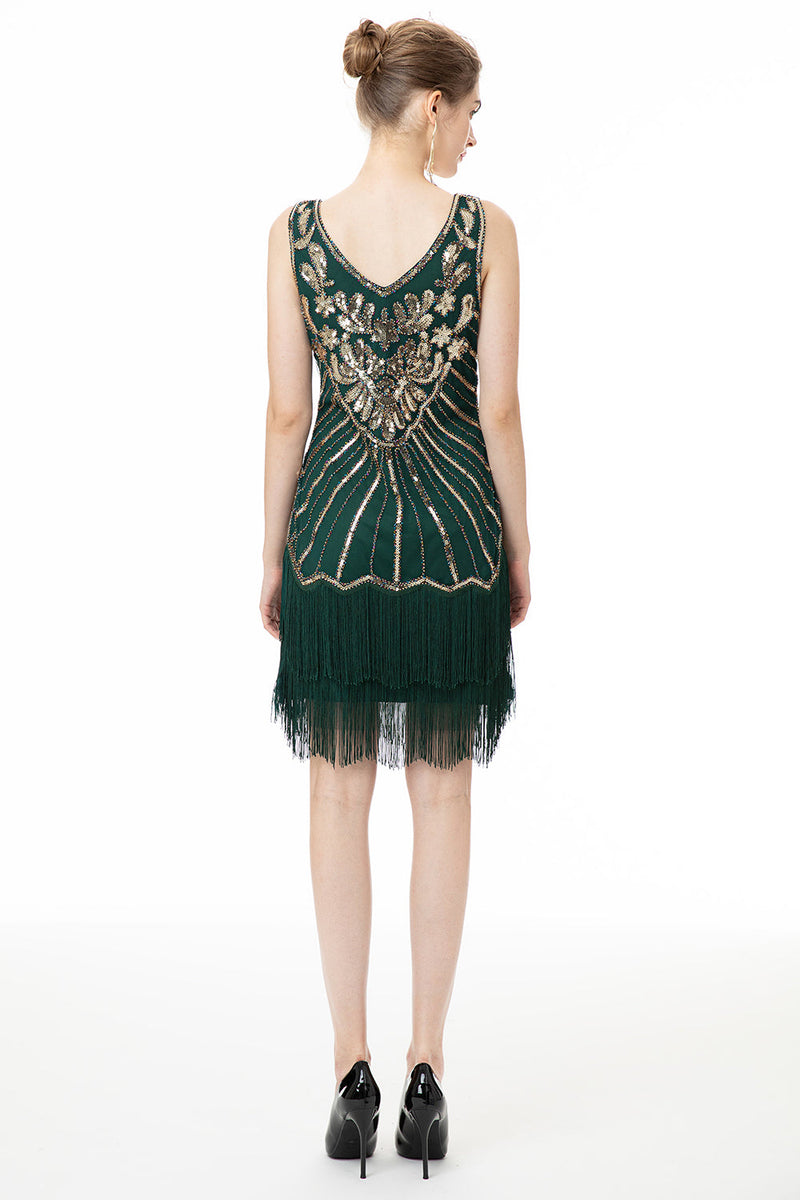 Laden Sie das Bild in den Galerie-Viewer, Grüne Pailletten Fransen Kleid aus den 1920er Jahren