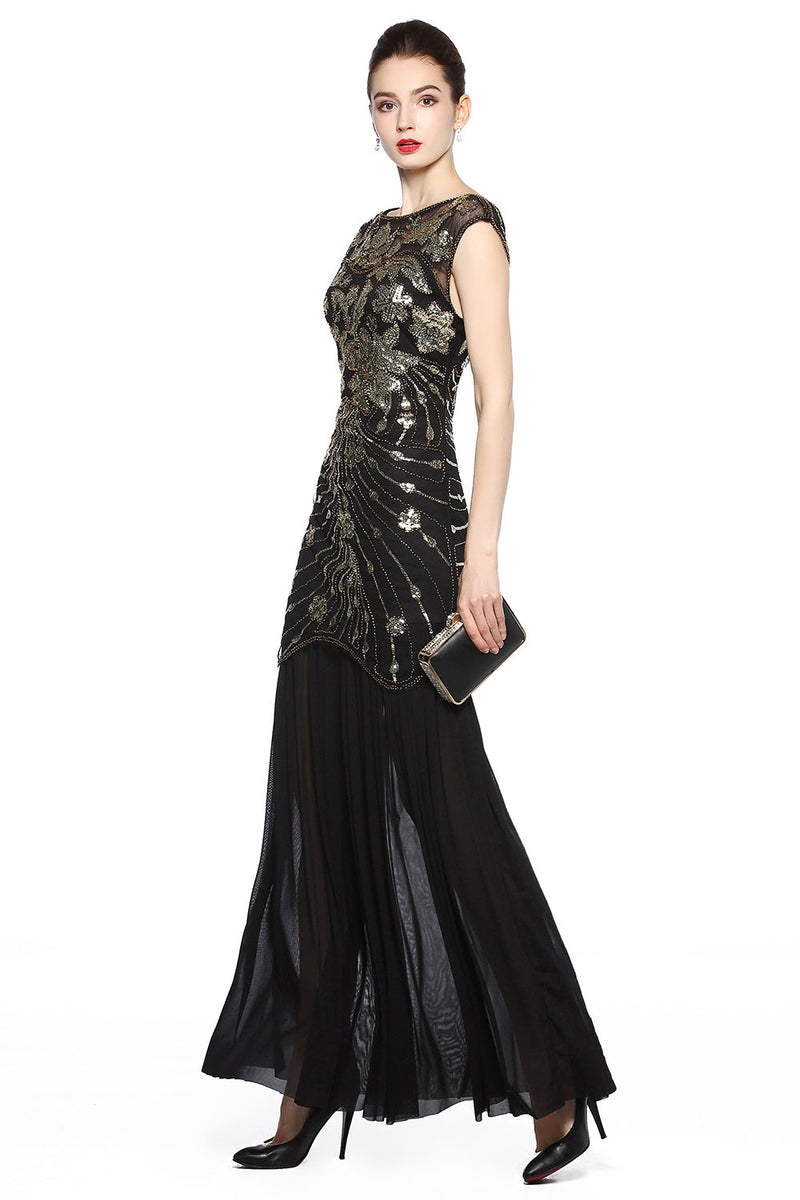 Laden Sie das Bild in den Galerie-Viewer, Schwarzes Pailletten Kleid aus den 1920er Jahren