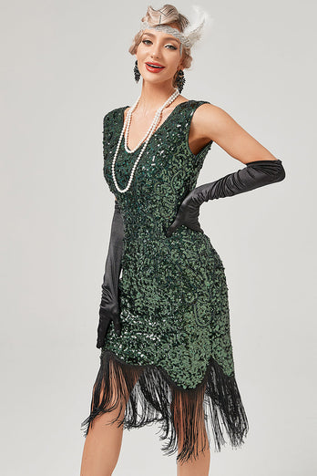 Dunkelgrünes Gatsby-Kleid mit V-Ausschnitt und Fransen