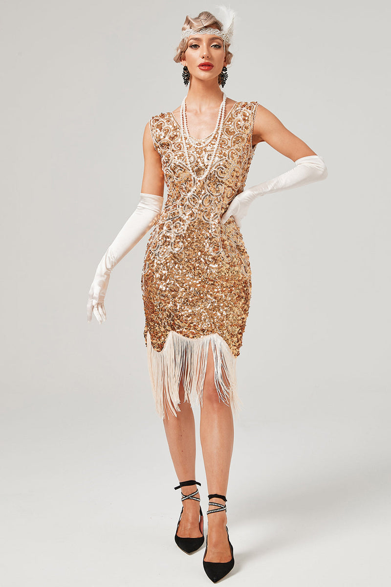 Laden Sie das Bild in den Galerie-Viewer, Dunkelgrünes Gatsby-Kleid mit V-Ausschnitt und Fransen