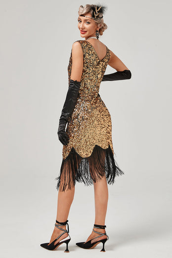 Dunkelgrünes Gatsby-Kleid mit V-Ausschnitt und Fransen