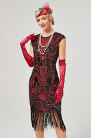 Laden Sie das Bild in den Galerie-Viewer, Grüner Rundhalsausschnitt Goldene Stickerei Kleid aus den 1920er Jahren mit Fransen