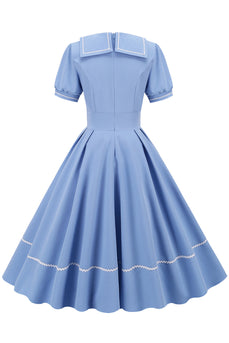 Himmelblaues 1950er Kleid im Retro-Stil mit kurzen Ärmeln