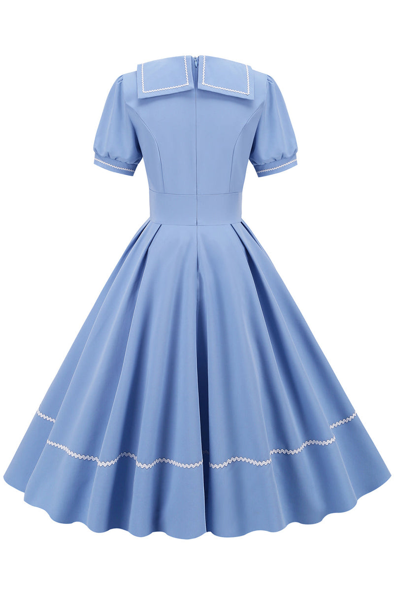 Laden Sie das Bild in den Galerie-Viewer, Himmelblaues 1950er Kleid im Retro-Stil mit kurzen Ärmeln