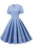Laden Sie das Bild in den Galerie-Viewer, Himmelblaues 1950er Kleid im Retro-Stil mit kurzen Ärmeln