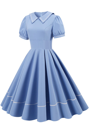 Himmelblaues 1950er Kleid im Retro-Stil mit kurzen Ärmeln