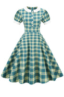 Laden Sie das Bild in den Galerie-Viewer, Juwelenausschnitt Green Grid Kleid aus den 1950er Jahren mit kurzen Ärmeln