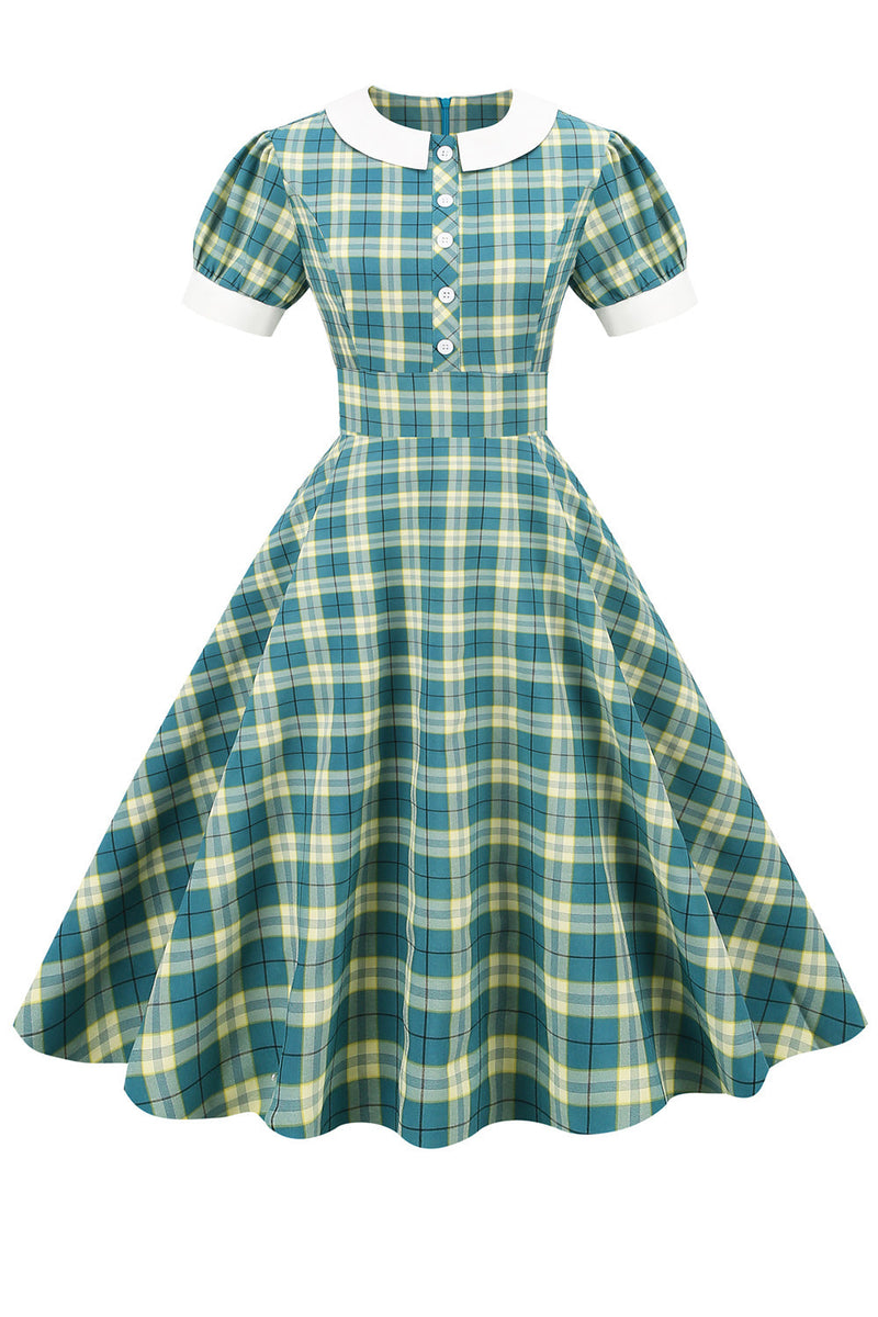 Laden Sie das Bild in den Galerie-Viewer, Juwelenausschnitt Green Grid Kleid aus den 1950er Jahren mit kurzen Ärmeln