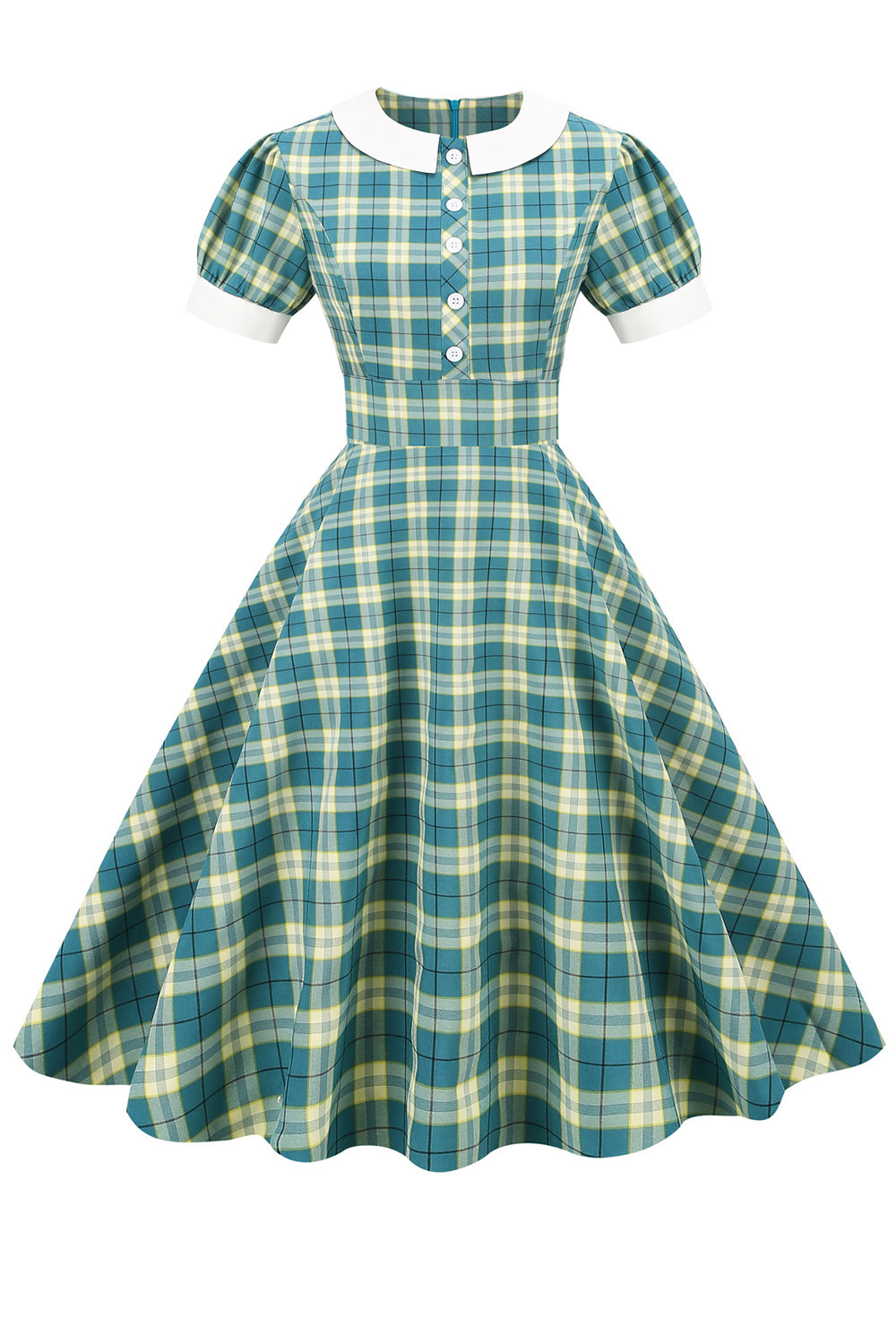 Juwelenausschnitt Green Grid Kleid aus den 1950er Jahren mit kurzen Ärmeln