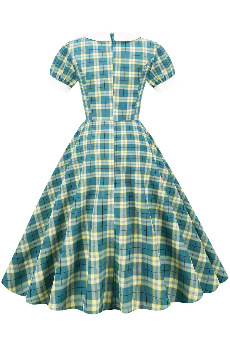 Laden Sie das Bild in den Galerie-Viewer, Juwelenausschnitt Green Grid Kleid aus den 1950er Jahren mit kurzen Ärmeln