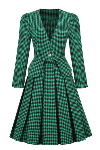 A-Linie V Ausschnitt Grünes Gitter Vintage Kleid