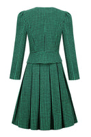 Laden Sie das Bild in den Galerie-Viewer, A-Linie V Ausschnitt Grünes Gitter Vintage Kleid