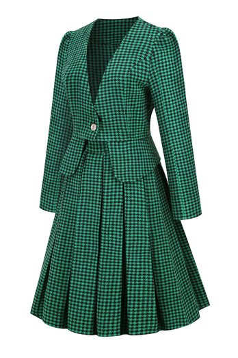 A-Linie V Ausschnitt Grünes Gitter Vintage Kleid