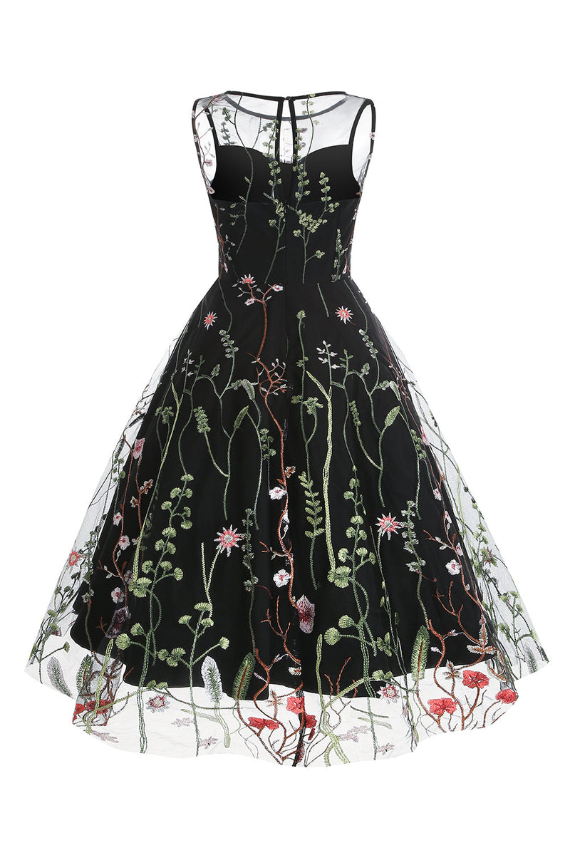Laden Sie das Bild in den Galerie-Viewer, Schwarzes Vintage Kleid mit Stickerei