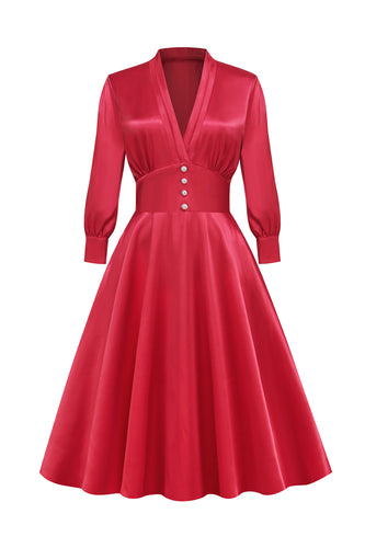 Retro Style V Ausschnitt Vintage Kleid mit langen Ärmeln