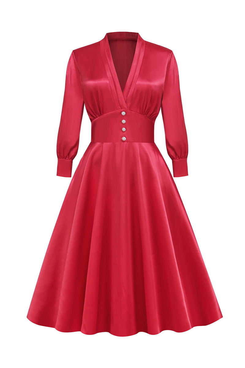 Laden Sie das Bild in den Galerie-Viewer, Retro Style V Ausschnitt Vintage Kleid mit langen Ärmeln