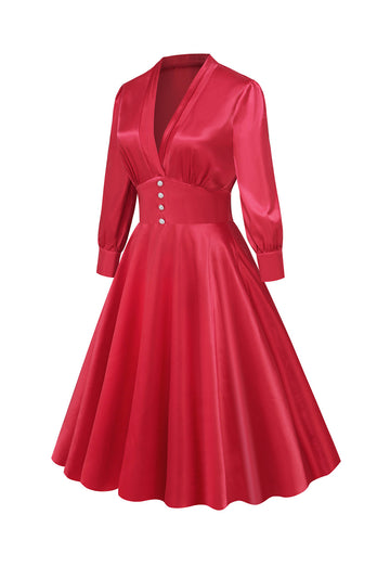 Retro Style V Ausschnitt Vintage Kleid mit langen Ärmeln