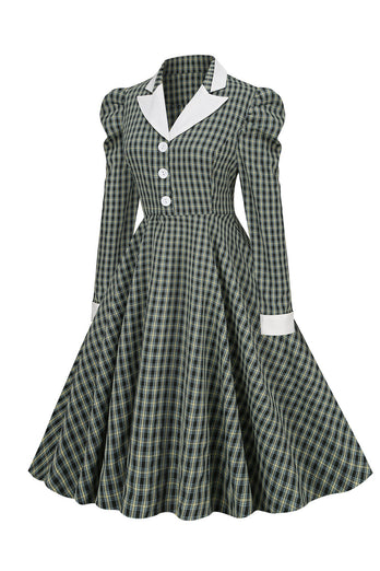 Vintage British Style Revers Grünes Gitter Kleid aus den 1950er Jahren
