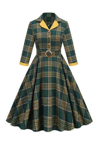 V Ausschnitt Grünes Gitter Vintage Kleid mit 3/4 Ärmeln