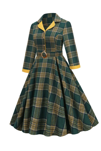 V Ausschnitt Grünes Gitter Vintage Kleid mit 3/4 Ärmeln