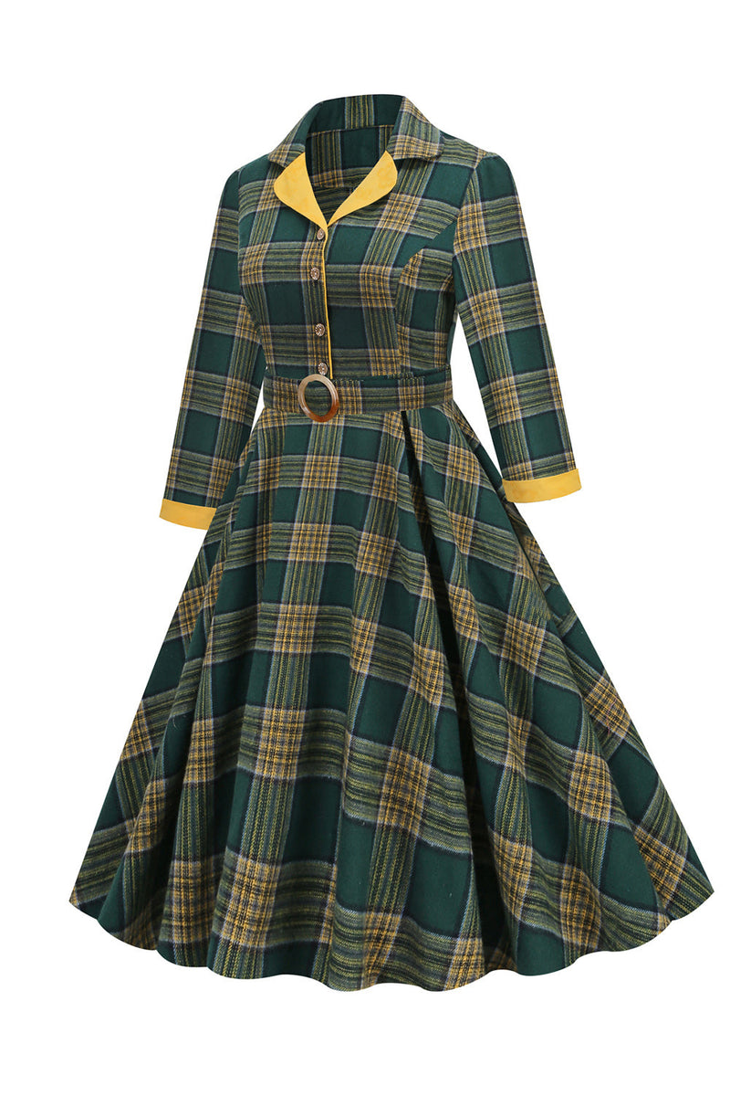 Laden Sie das Bild in den Galerie-Viewer, V Ausschnitt Grünes Gitter Vintage Kleid mit 3/4 Ärmeln