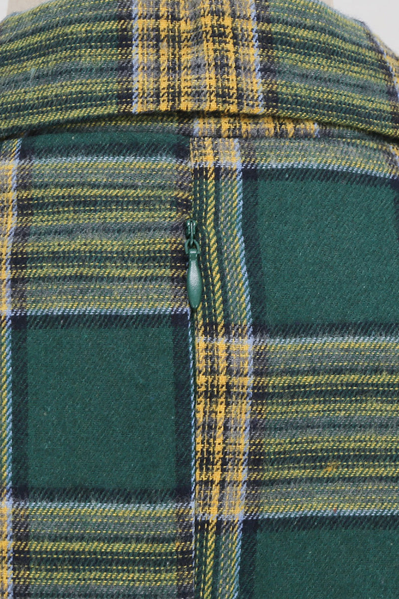 Laden Sie das Bild in den Galerie-Viewer, V Ausschnitt Grünes Gitter Vintage Kleid mit 3/4 Ärmeln