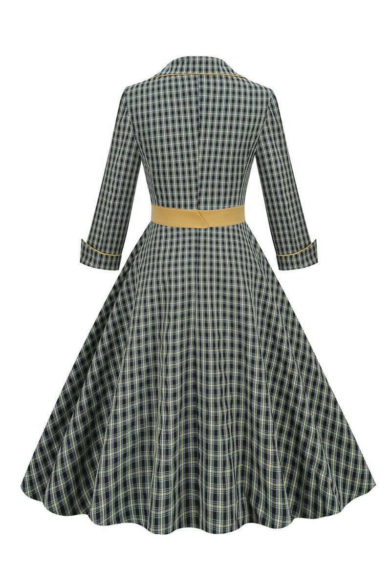Laden Sie das Bild in den Galerie-Viewer, A-Linie V Ausschnitt Grün Gürtelkleid aus den 1950er Jahren mit 3/4 Ärmeln