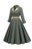 Laden Sie das Bild in den Galerie-Viewer, A-Linie V Ausschnitt Grün Gürtelkleid aus den 1950er Jahren mit 3/4 Ärmeln