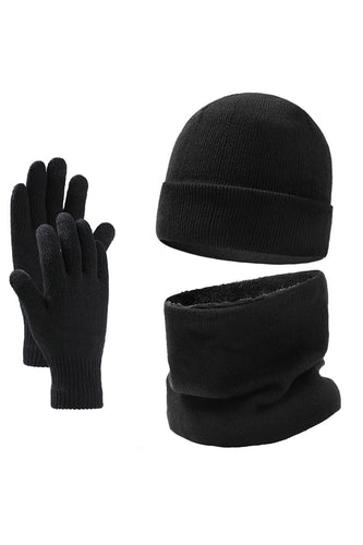 Schwarzer 3-teiliger Schal Handschuhe Mütze