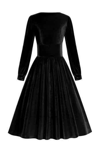 Schwarz Langärmel Samt Vintage Kleid