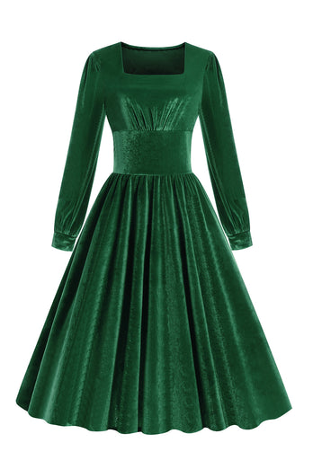 Schwarz Langärmel Samt Vintage Kleid