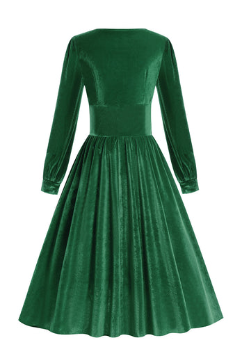 Grünes A-Linie Samt Vintage Kleid