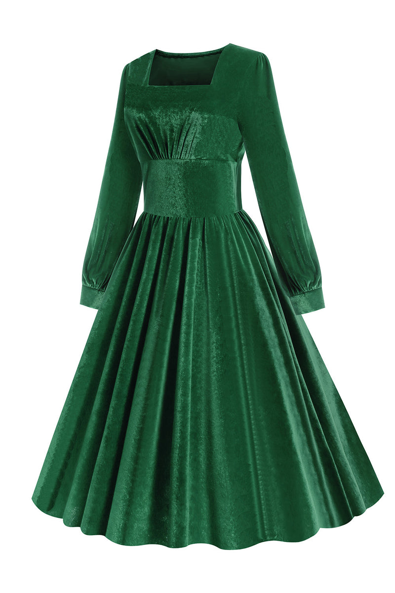 Laden Sie das Bild in den Galerie-Viewer, Grünes A-Linie Samt Vintage Kleid
