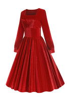 Laden Sie das Bild in den Galerie-Viewer, Rotes Samt Midi A-linie Vintage Kleid