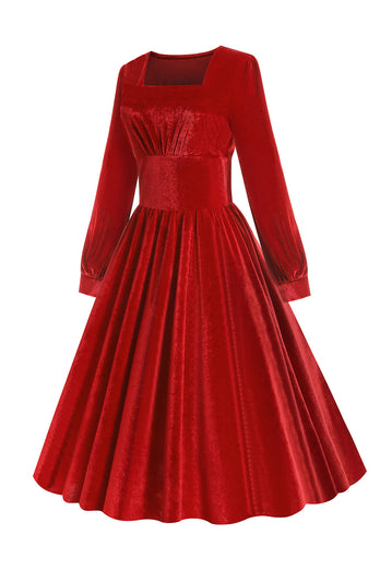 Rotes Samt Midi A-linie Vintage Kleid