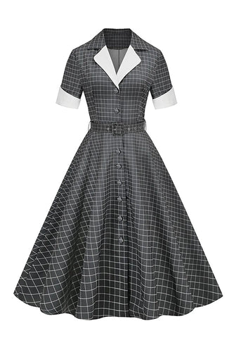 Grau kariertes Revers Ausschnitt Vintage Kleid