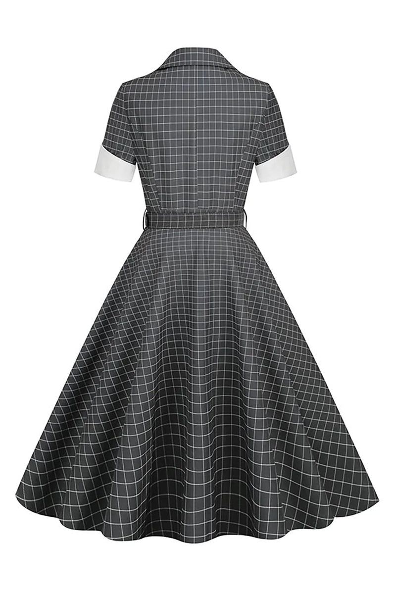 Laden Sie das Bild in den Galerie-Viewer, Grau kariertes Revers Ausschnitt Vintage Kleid