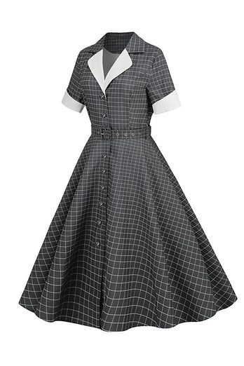 Grau kariertes Revers Ausschnitt Vintage Kleid