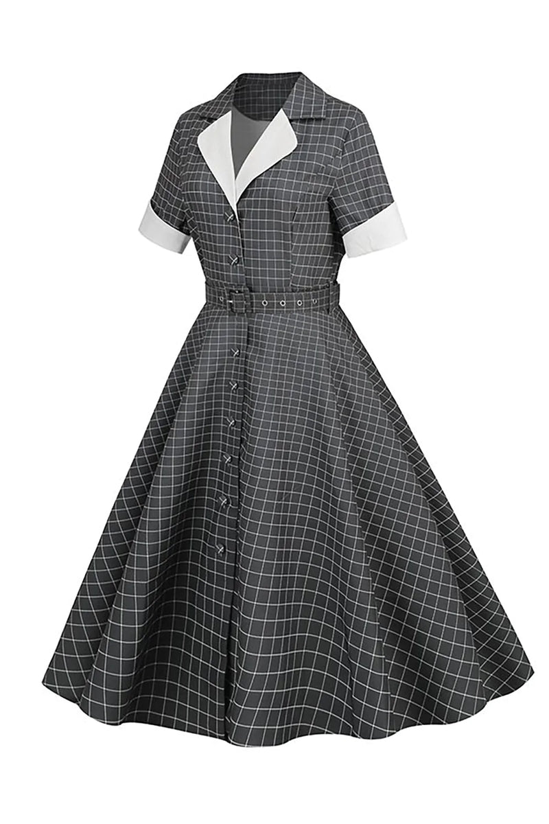 Laden Sie das Bild in den Galerie-Viewer, Grau kariertes Revers Ausschnitt Vintage Kleid