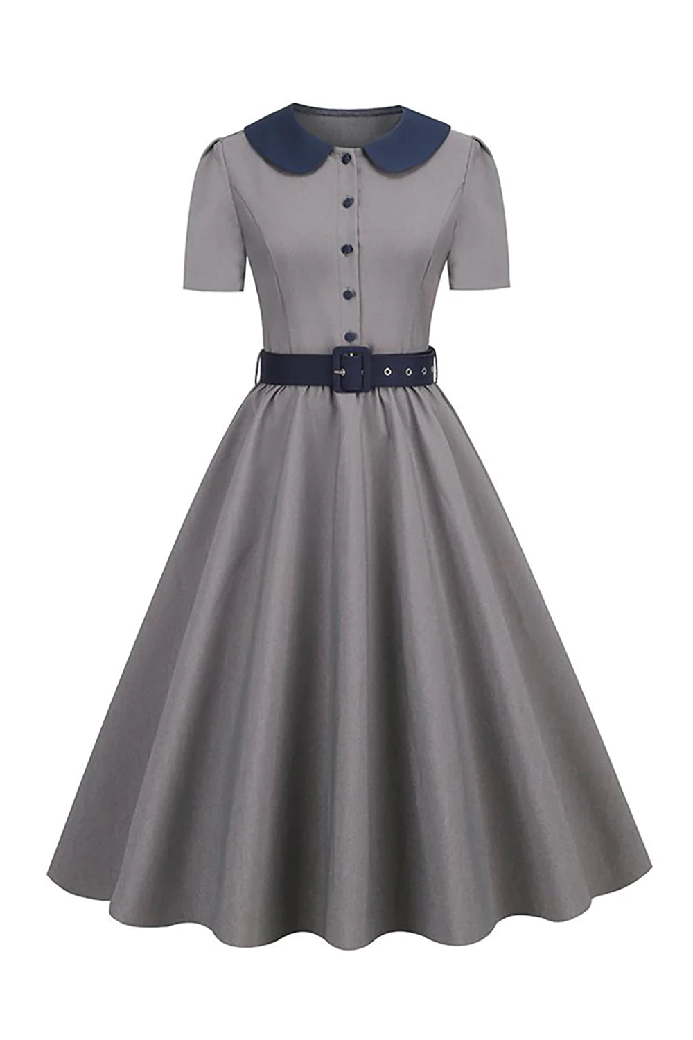 Peter Pan Kragen Grau 1950er Jahre Kleid mit Gürtel