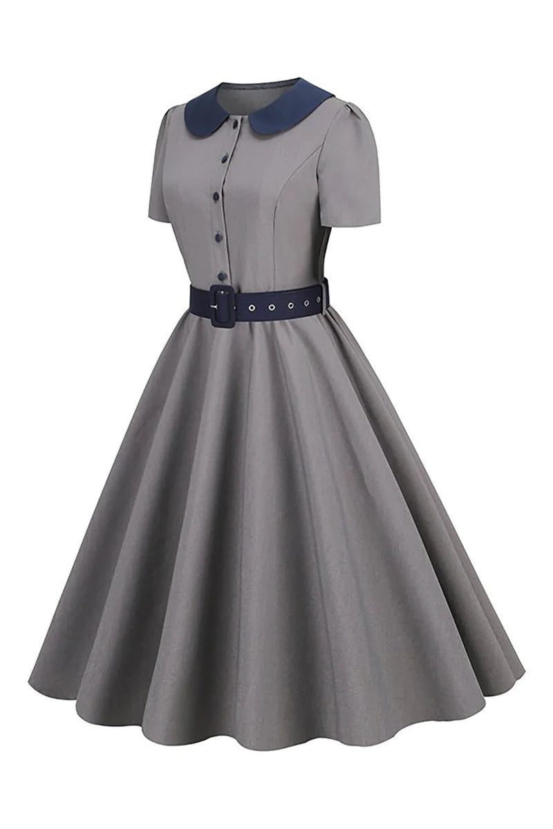 Laden Sie das Bild in den Galerie-Viewer, Peter Pan Kragen Grau 1950er Jahre Kleid mit Gürtel