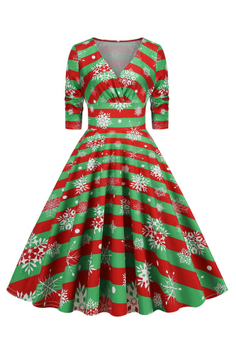 Grünes Weihnachten V-Ausschnitt Vintage Kleid