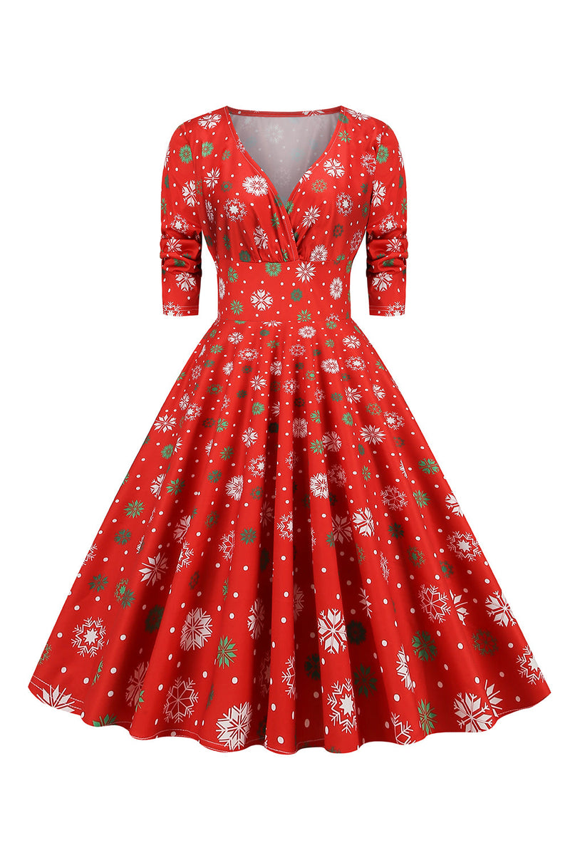 Laden Sie das Bild in den Galerie-Viewer, Grünes Weihnachten V-Ausschnitt Vintage Kleid