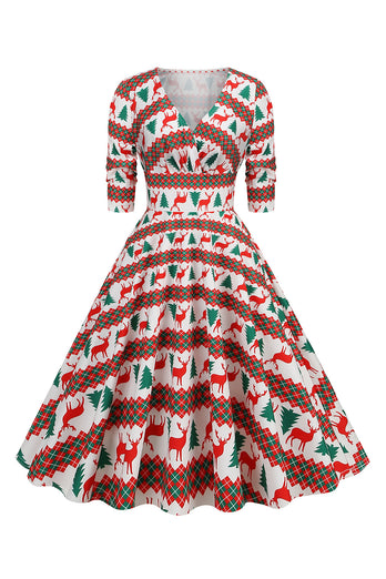 Grünes Weihnachten V-Ausschnitt Vintage Kleid