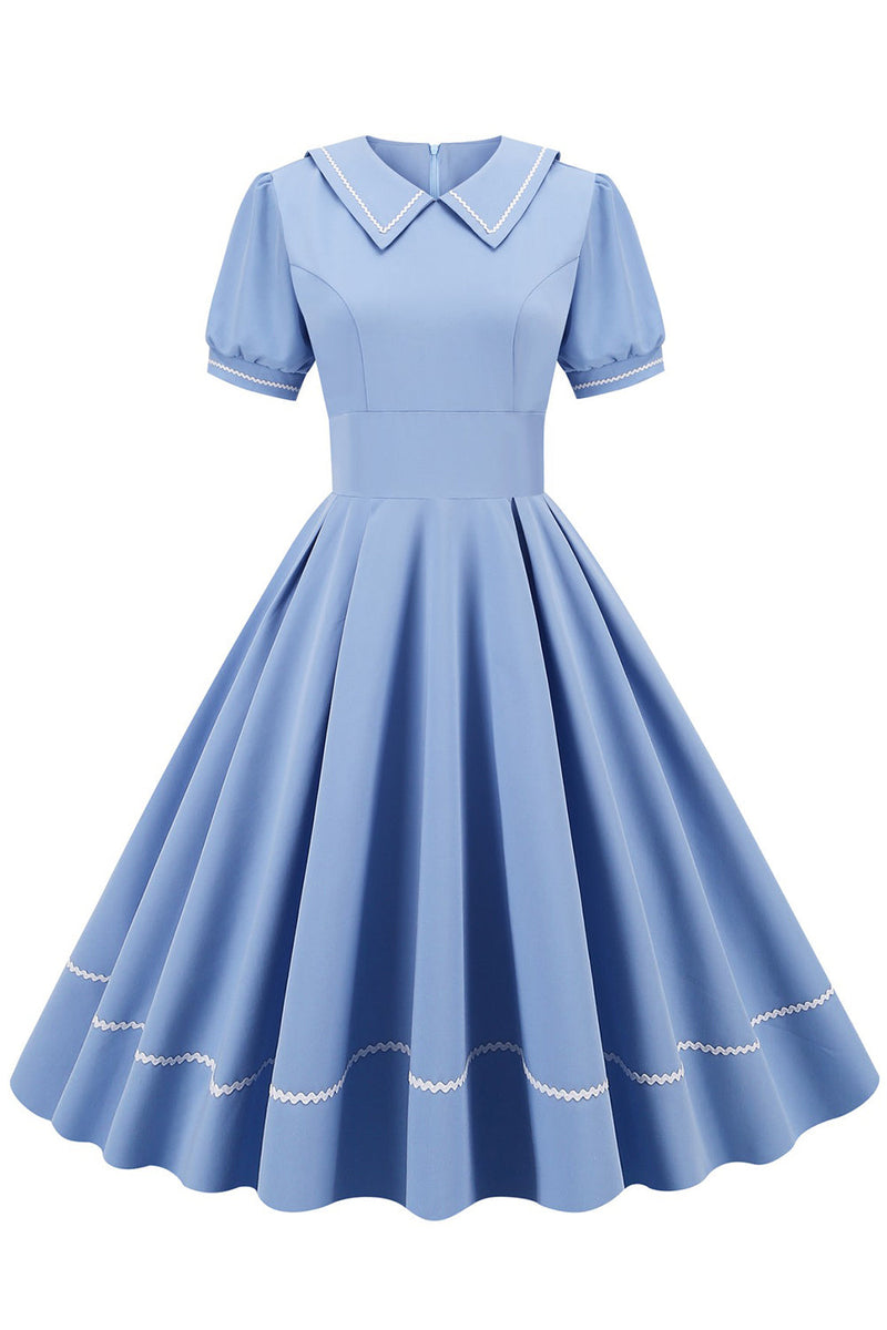 Laden Sie das Bild in den Galerie-Viewer, Blaues Kleid im Retro Stil der 1950er Jahre mit kurzen Ärmeln